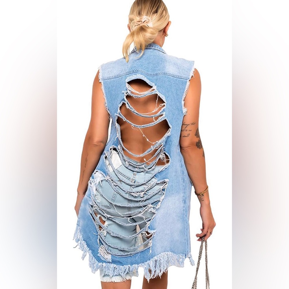 BRAND NEW WOMENS LONGLINE DISTRESSED DENIM VEST NWT - Picture 5 of 5